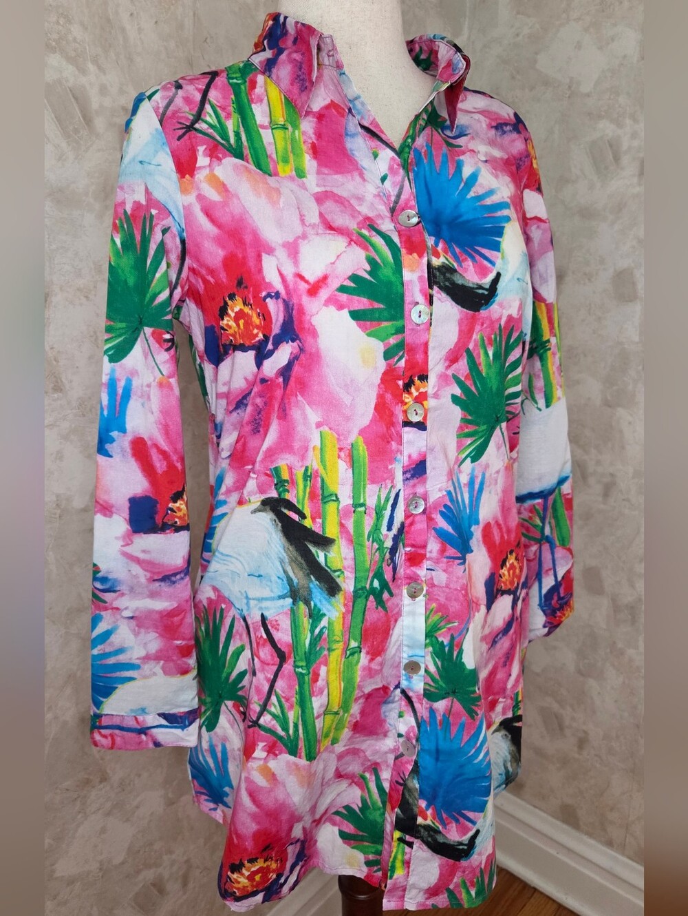 Soft Surroundings Tropical Floral Bird Print Tunic Top Pink Green Cotton Medium